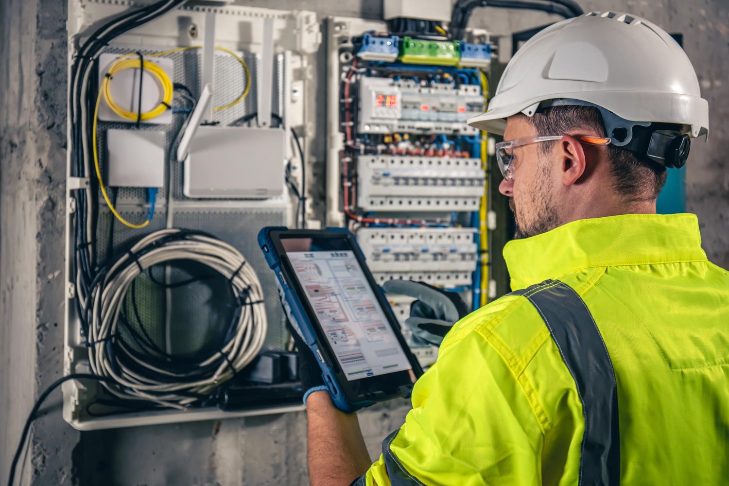 man electrical technician working switchboard with fuses uses tablet